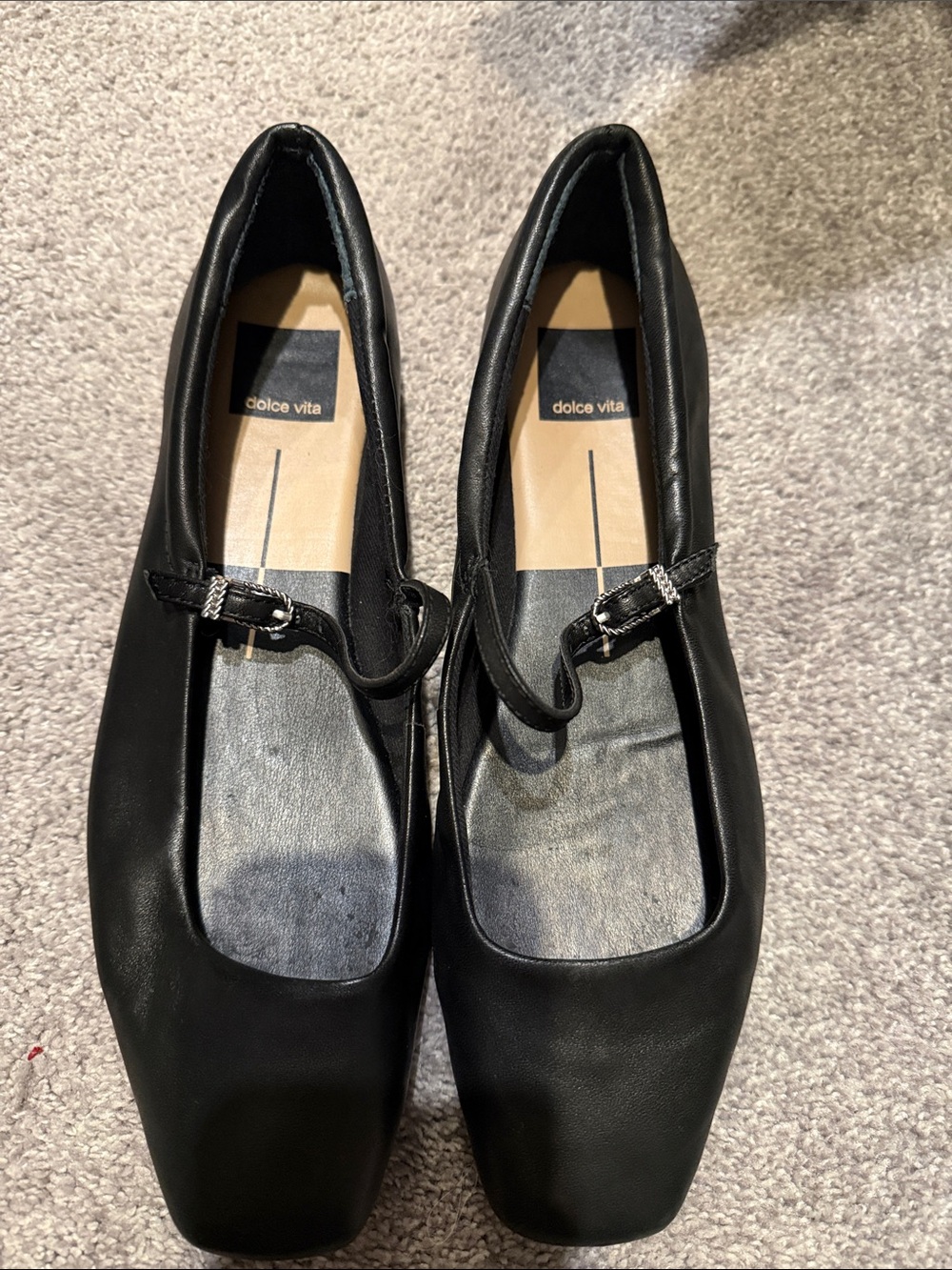 Dolce Vita Black Leather Square-Toe Mary Jane Flats with Buckle Strap
